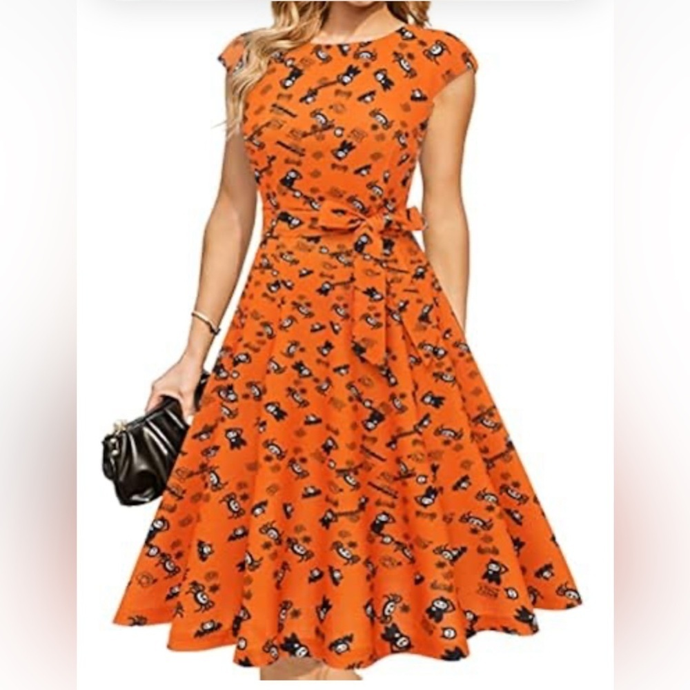 Halloween Orange Floral A-Line Dress - Picture 1 of 7